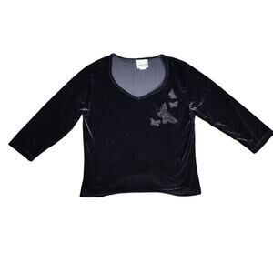 Black Velvelt Y2K Butterfly V-Neck Top Size M Fairy Cottagecore Whimsigoth
